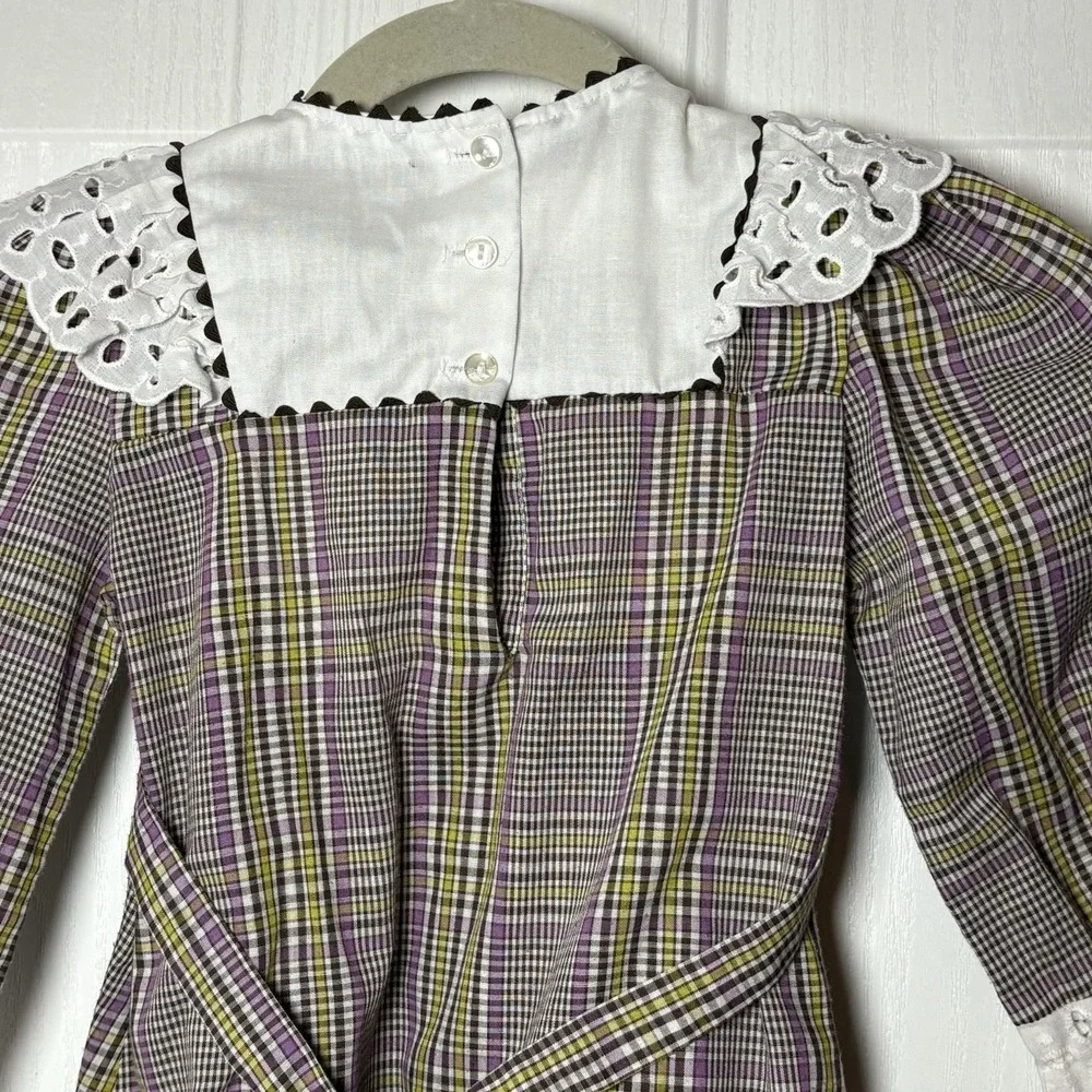 Girls VTG Dress Sz 5 Embroidered Mouse Lace‎ Collar Sleeves Gingham Print Tie